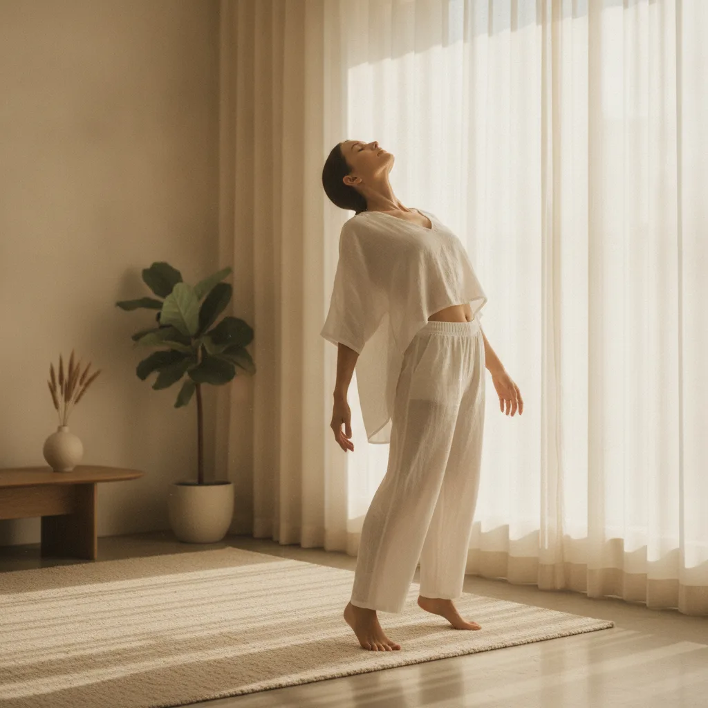 Woman in a graceful yoga pose at sunrise