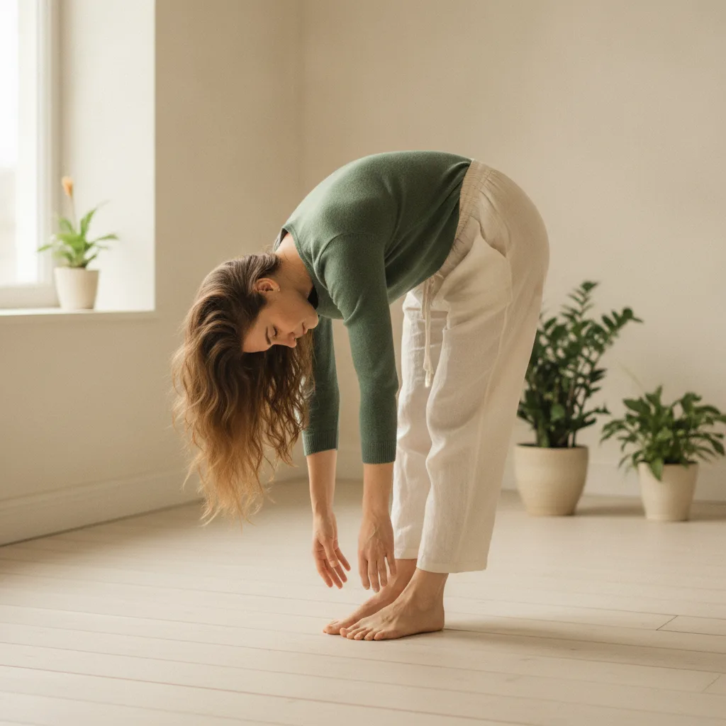Standing forward fold hip release